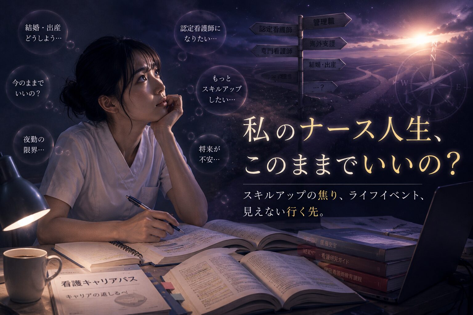 自宅の机で看護技術の参考書を開いたままペンを止め、ライフイベントや将来のキャリアパスへの迷いから、不安げな表情で遠くを見つめる看護師のイラスト（キャリア形成と未来への不安のイメージ）
