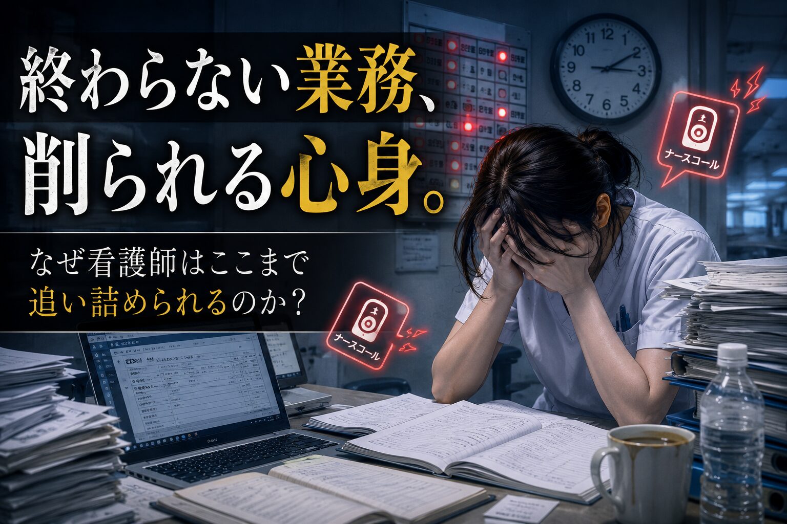 山積みの書類や鳴り響くナースコールを前にナースステーションで疲労困憊して頭を抱える看護師のイラスト（業務量過多と過酷な労働環境のイメージ）