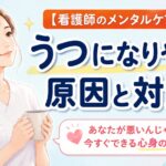 看護師必見！うつになりやすい原因と今すぐできる心身のリスク管理・対策法まとめのアイキャッチ画像（微笑む看護師とセルフケア処方箋のイラスト）