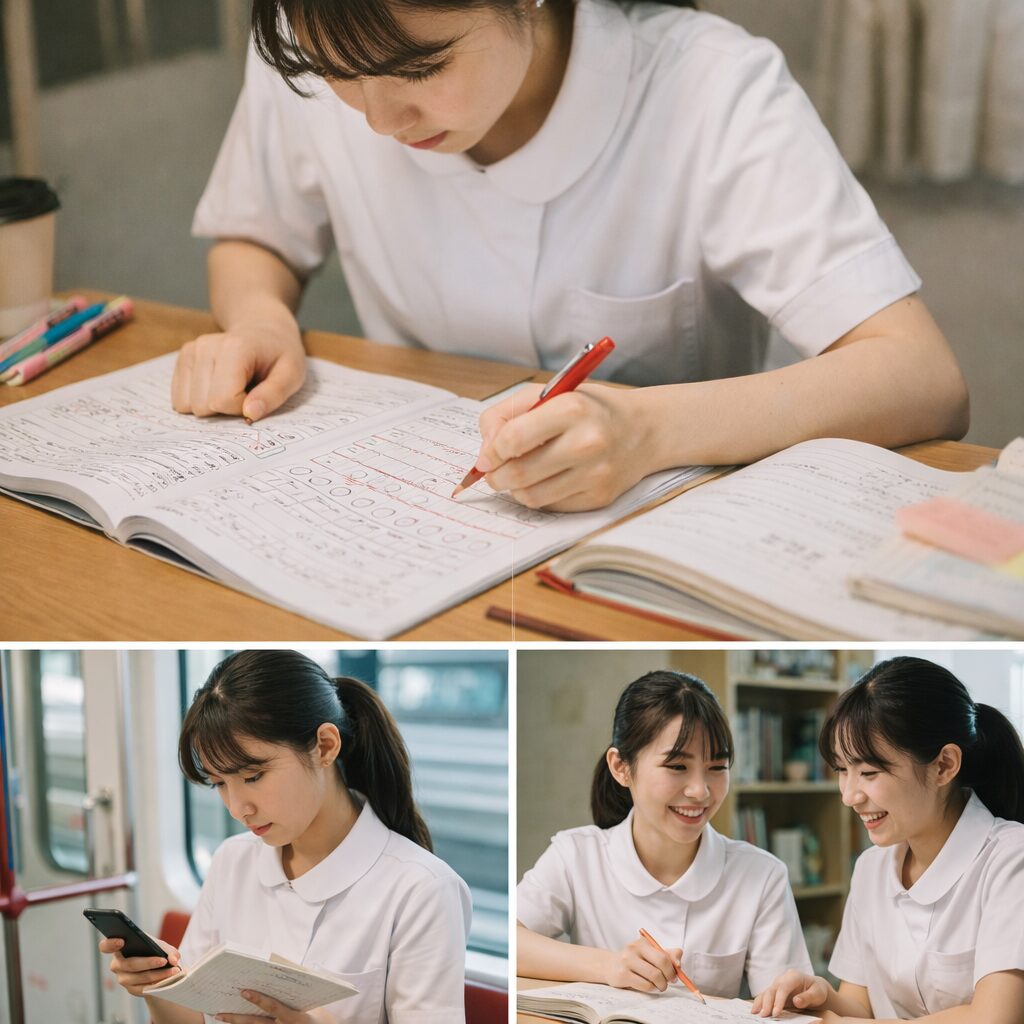 看護学生が問題演習・スキマ時間・友達と勉強している様子