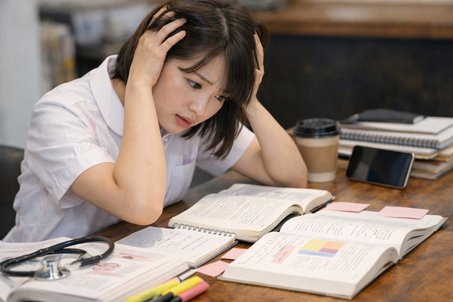 看護学生がテスト前に焦りながら勉強している様子