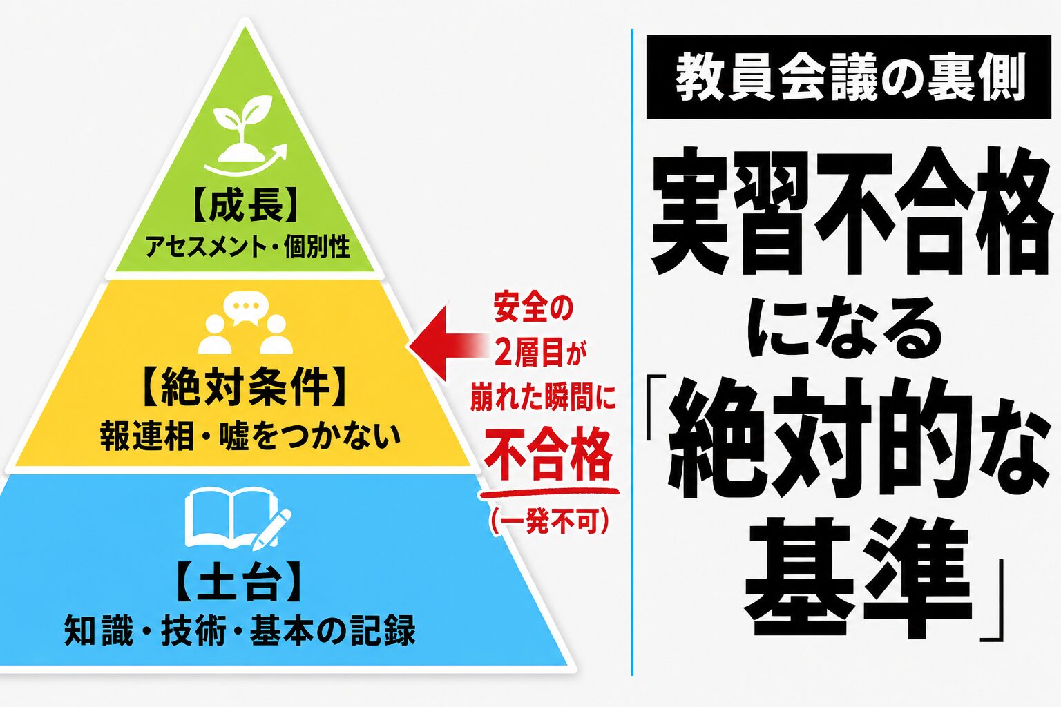 看護実習の合否を分ける基準を示したピラミッド図。土台（知識・技術）、安全（報連相・正直さ）、成長（アセスメント）の3層構造で、安全が絶対的な合格条件であることを強調し、「嘘と勝手な判断は許されない」という重要ポイントを伝えている。