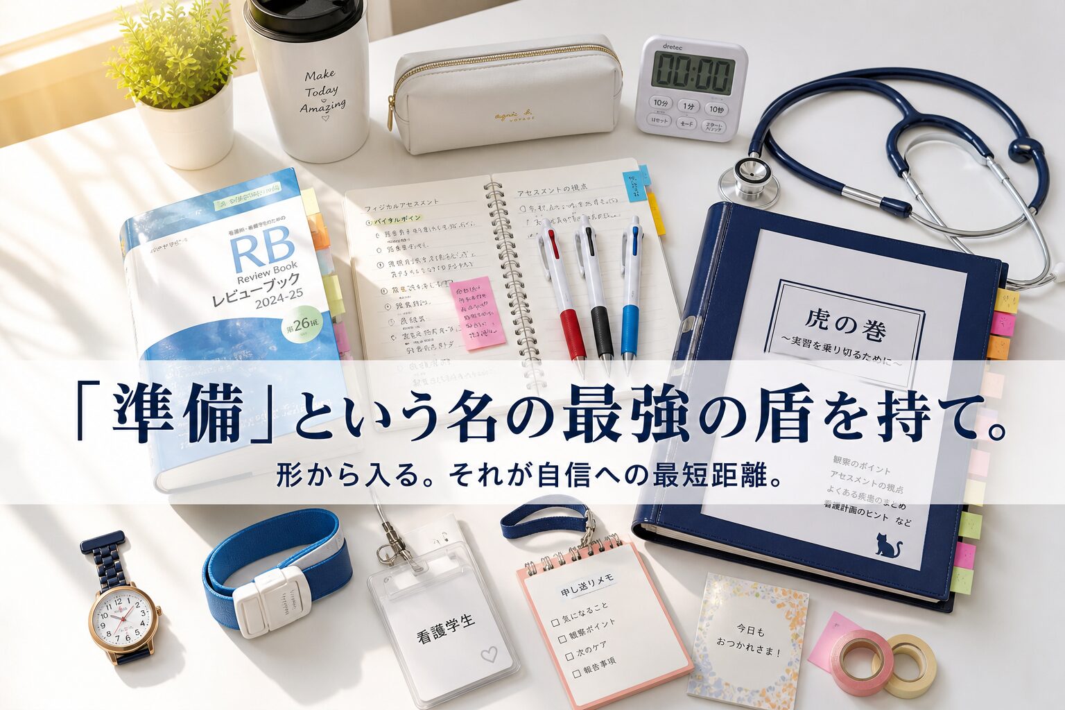 看護実習の持ち物と準備のイメージ｜ナースウォッチやレビューブックなど合格する学生の七つ道具