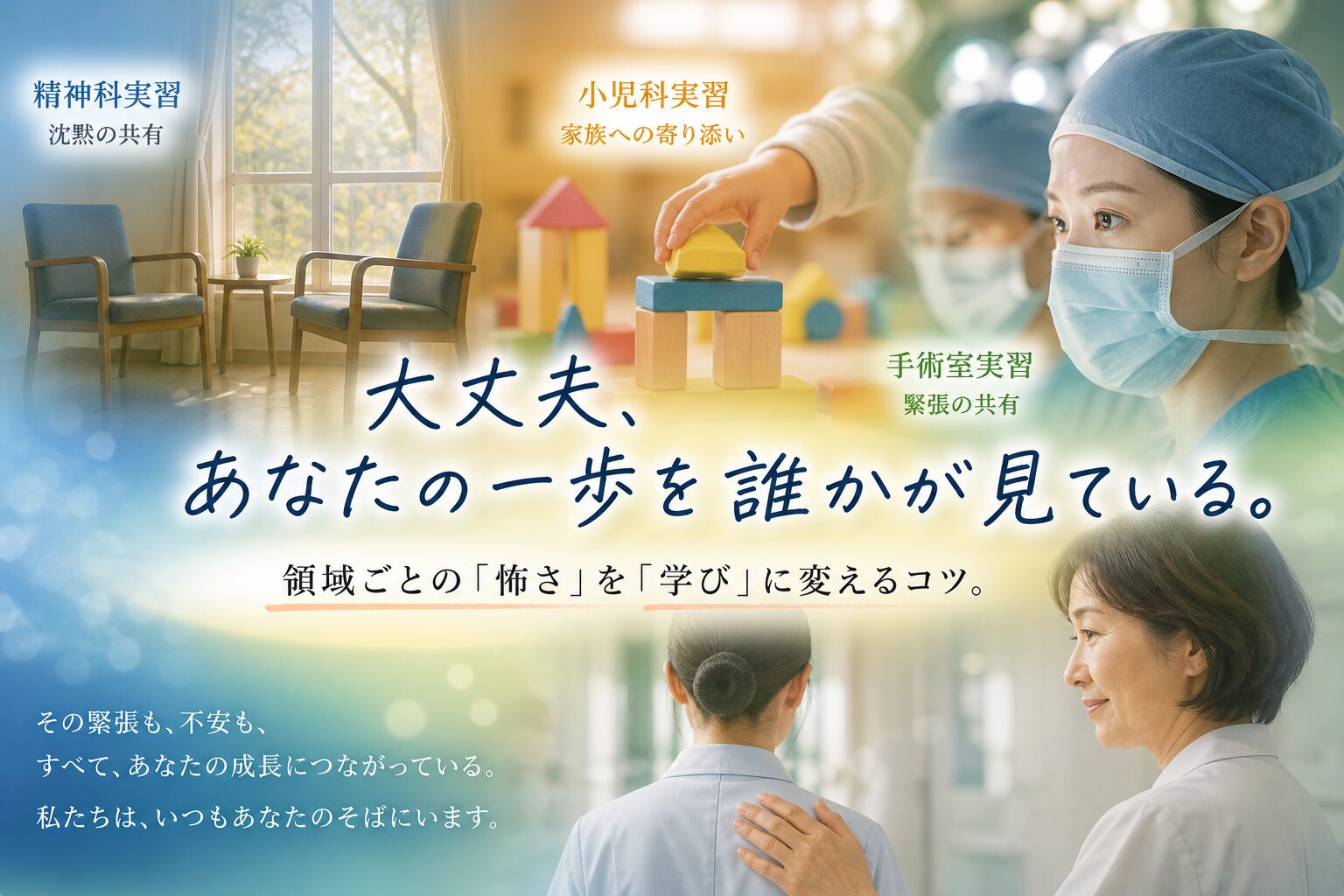 看護実習の各領域（精神科・小児科・手術室）の情景と指導者に見守られる学生のイメージ｜不安を学びに変える