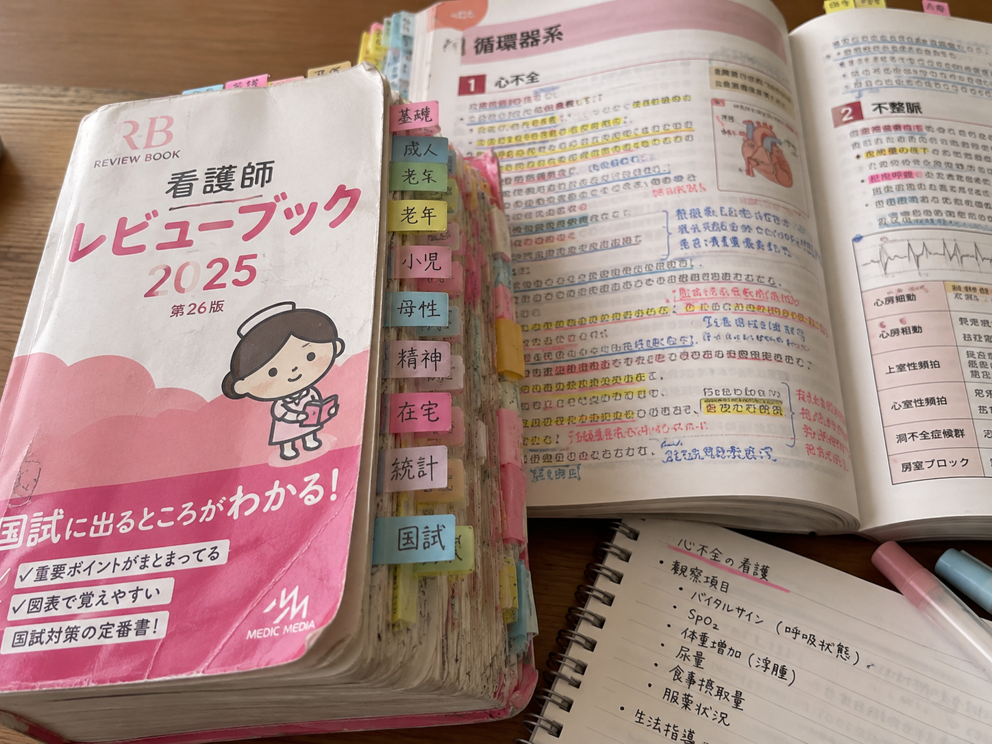 付箋がたくさん貼られ、書き込みやマーカーで使い込まれたレビューブックと参考書が机の上に広げられている写真