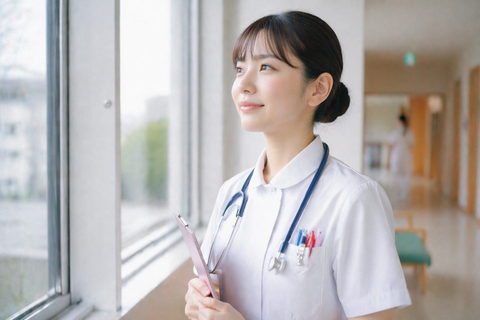 落ち着いて前向きな表情で実習に取り組む看護学生の様子（安心感のあるリアルな学習・臨床イメージ）