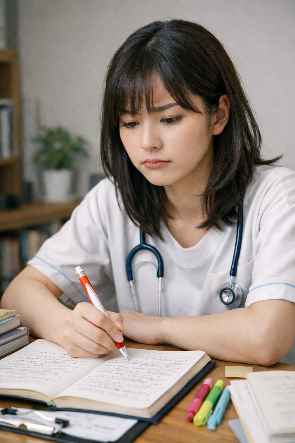看護実習の振り返りを書く看護学生