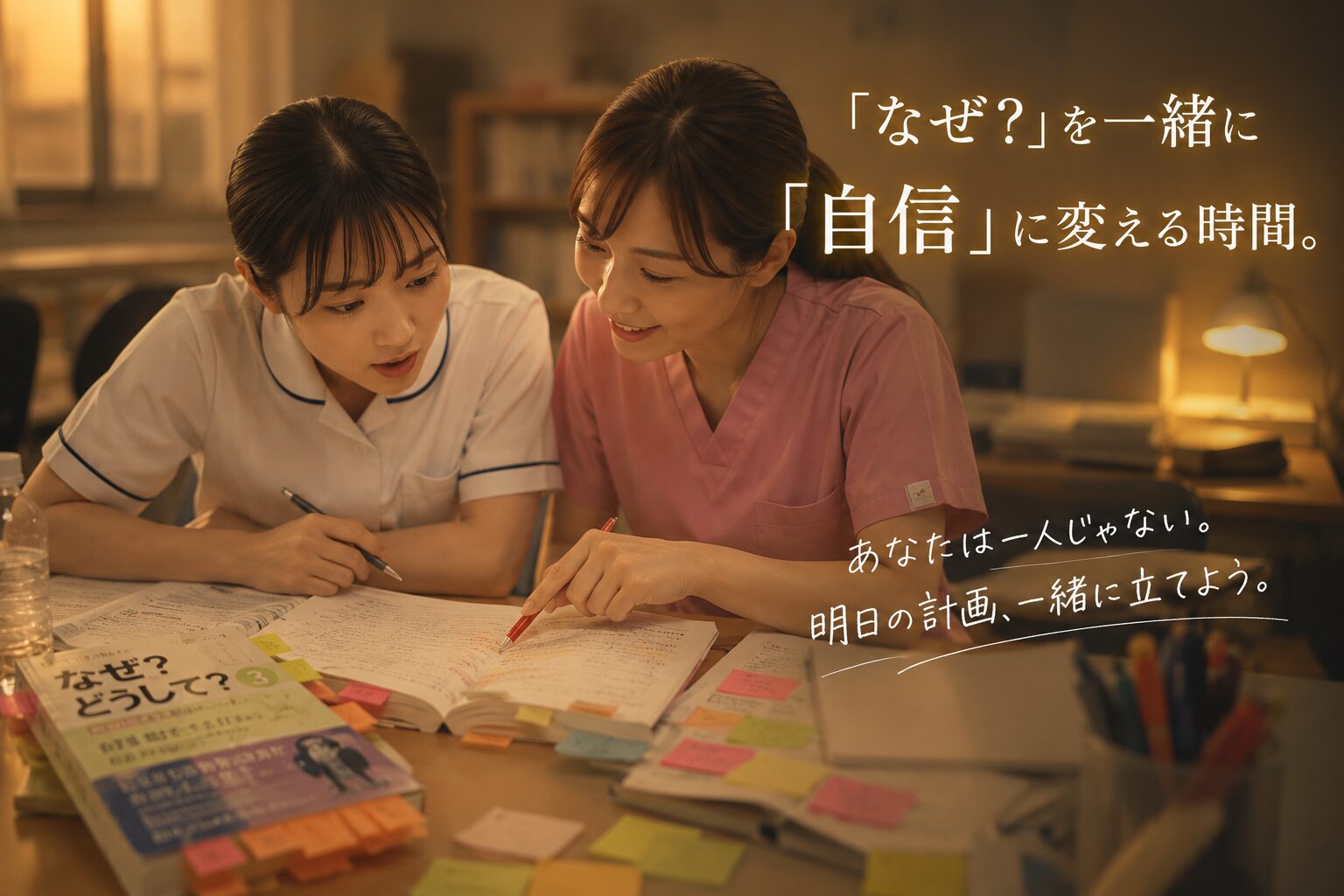 放課後の教室で、看護学生と臨床指導者が並んで看護計画を見直している温かい雰囲気のアイキャッチ画像。付箋が貼られた参考書や記録用紙を一緒に見ながら、「なぜ？」を「自信」に変える学習支援の場面を表現している。