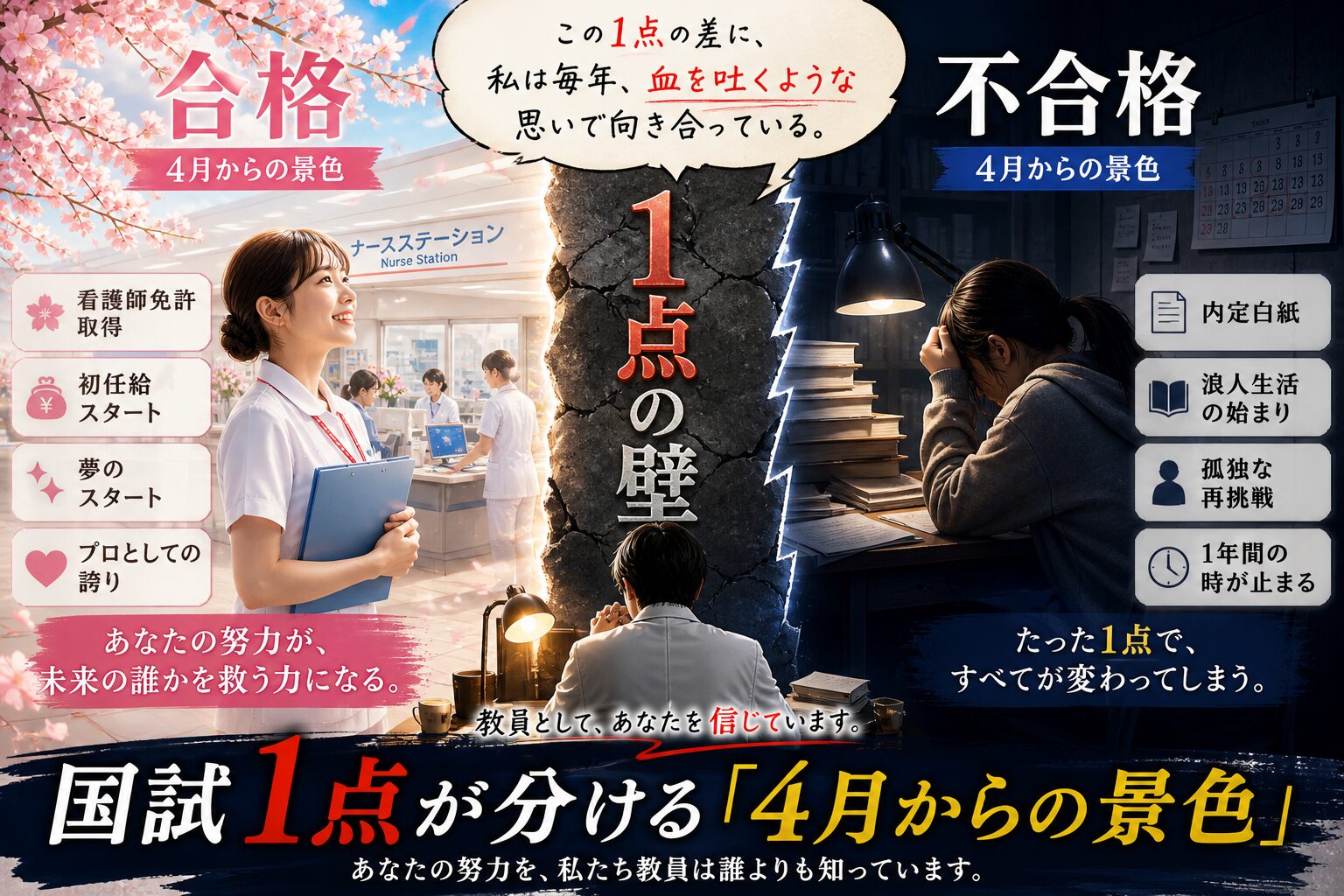看護師国家試験の合否を分ける「1点の差」を比較したアイキャッチ画像。左に合格後の明るいナースステーションと新たなスタート、右に不合格後の孤独な勉強環境を対比し、1点が4月からの未来を大きく分ける現実を表現している。