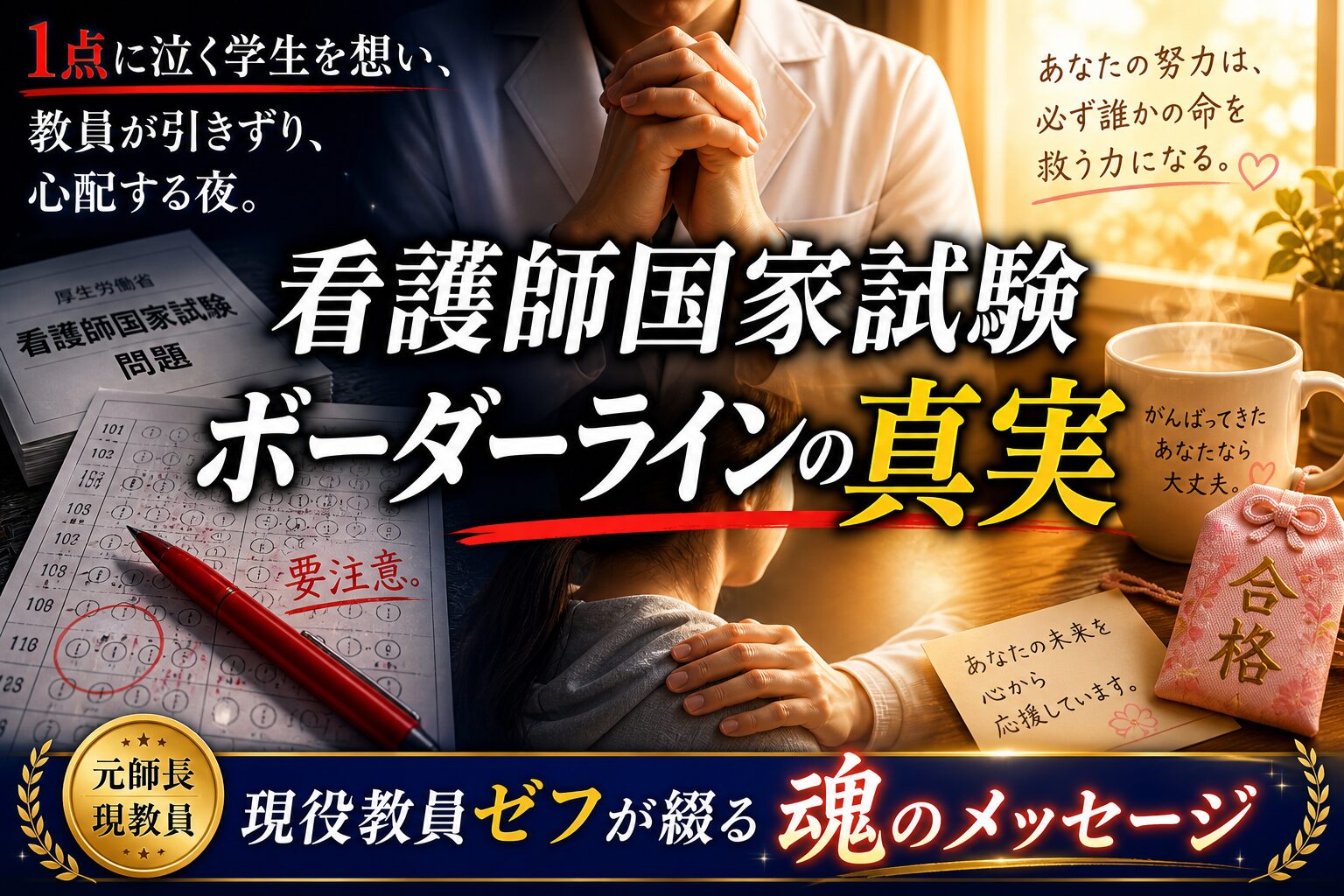 看護師国家試験の合否を分けるボーダーラインをテーマにしたアイキャッチ画像。試験問題やマークシートによる厳しい評価と、合格を祈る教員の想いを対比的に描いている。