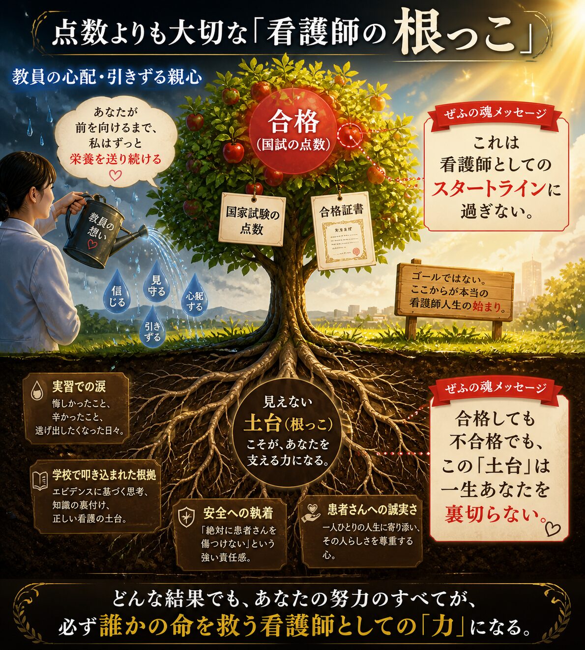 看護師として大切な土台を木の成長に例えた図解。地上の「合格や点数」は実や葉に過ぎず、地下の根っこにあたる実習での経験や安全意識、誠実さが看護師としての本質であることを表現している。