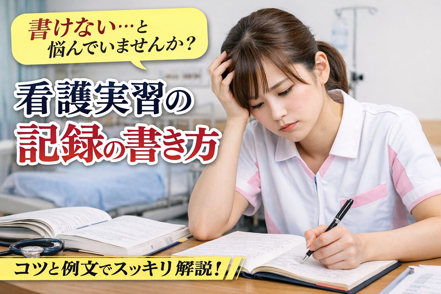看護実習の記録が書けず悩む看護学生と書き方のコツを解説するアイキャッチ画像