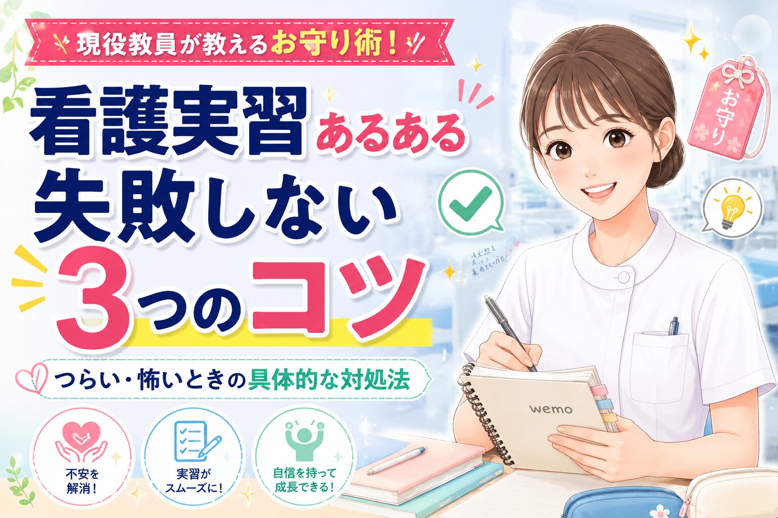 看護実習の不安や緊張、指導者が怖いと感じるあるある悩みを解決し、失敗を防ぐためのコツを現役看護教員が解説した記事のアイキャッチ画像