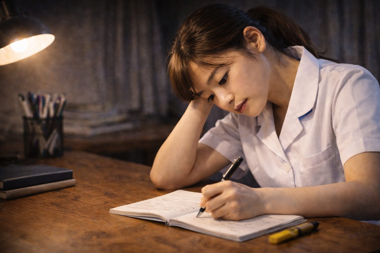 看護学生が教科書を見ながらノートに書き込み集中して勉強している様子