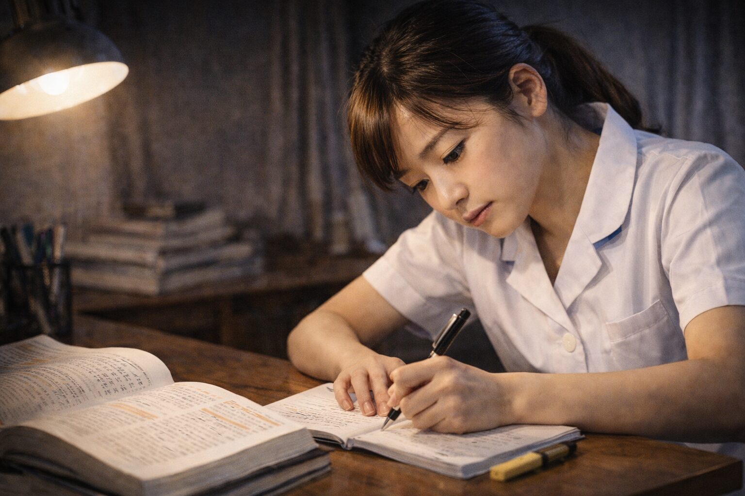 看護学生が集中してノートに書き込みながら勉強している様子