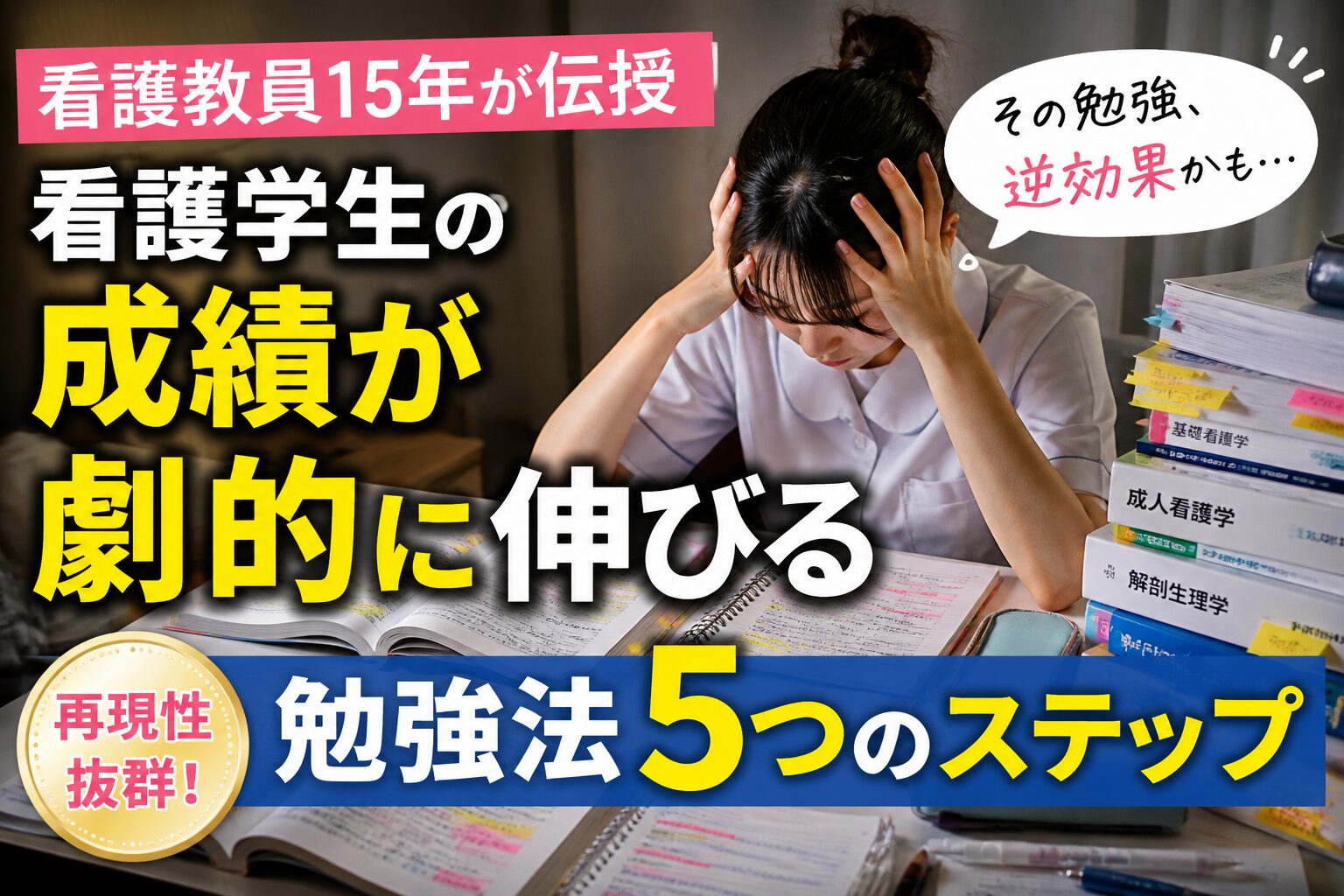 看護学生が成績を伸ばすための勉強法を解説するアイキャッチ画像。ノートと教科書で勉強している様子