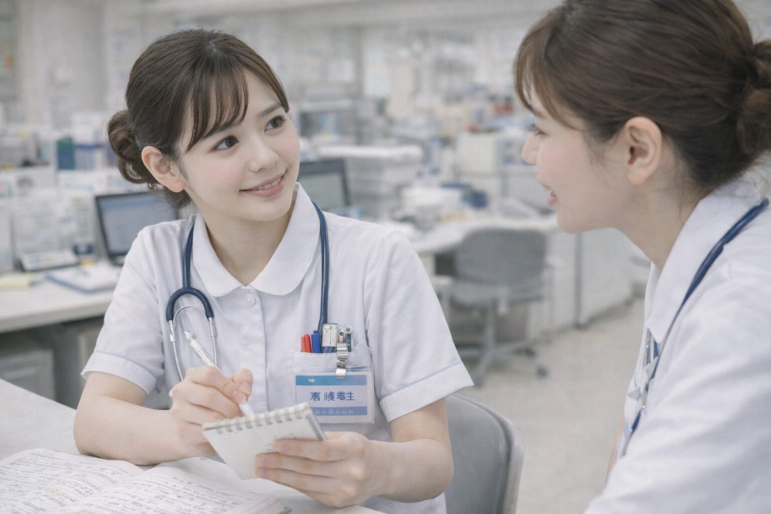 メモを取りながら先輩看護師に相談し、問題解決に向かう新人看護師の様子(前向きに行動している場面)