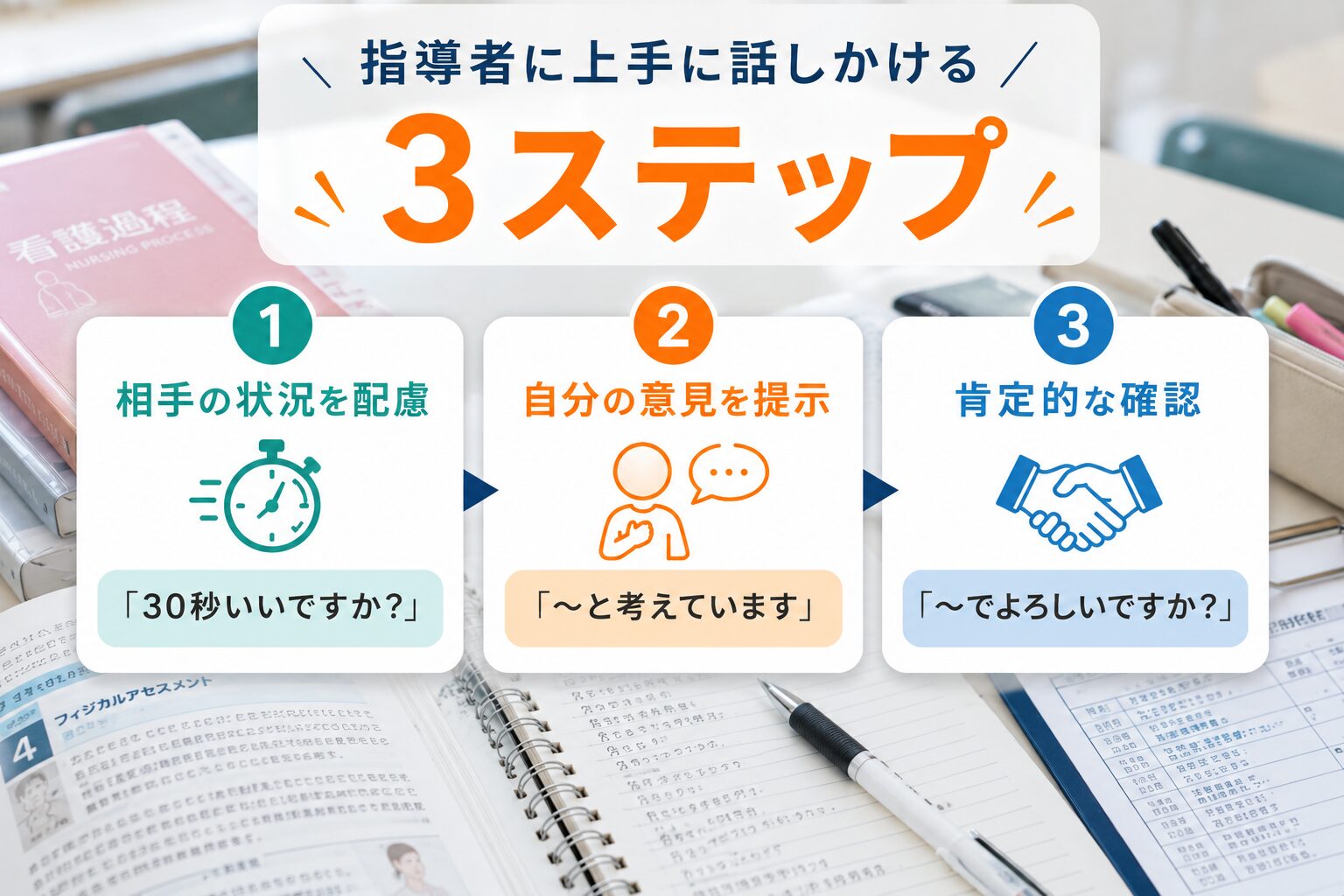 看護実習で指導者に自分で考えたと言わせない質問の3ステップを解説する図解