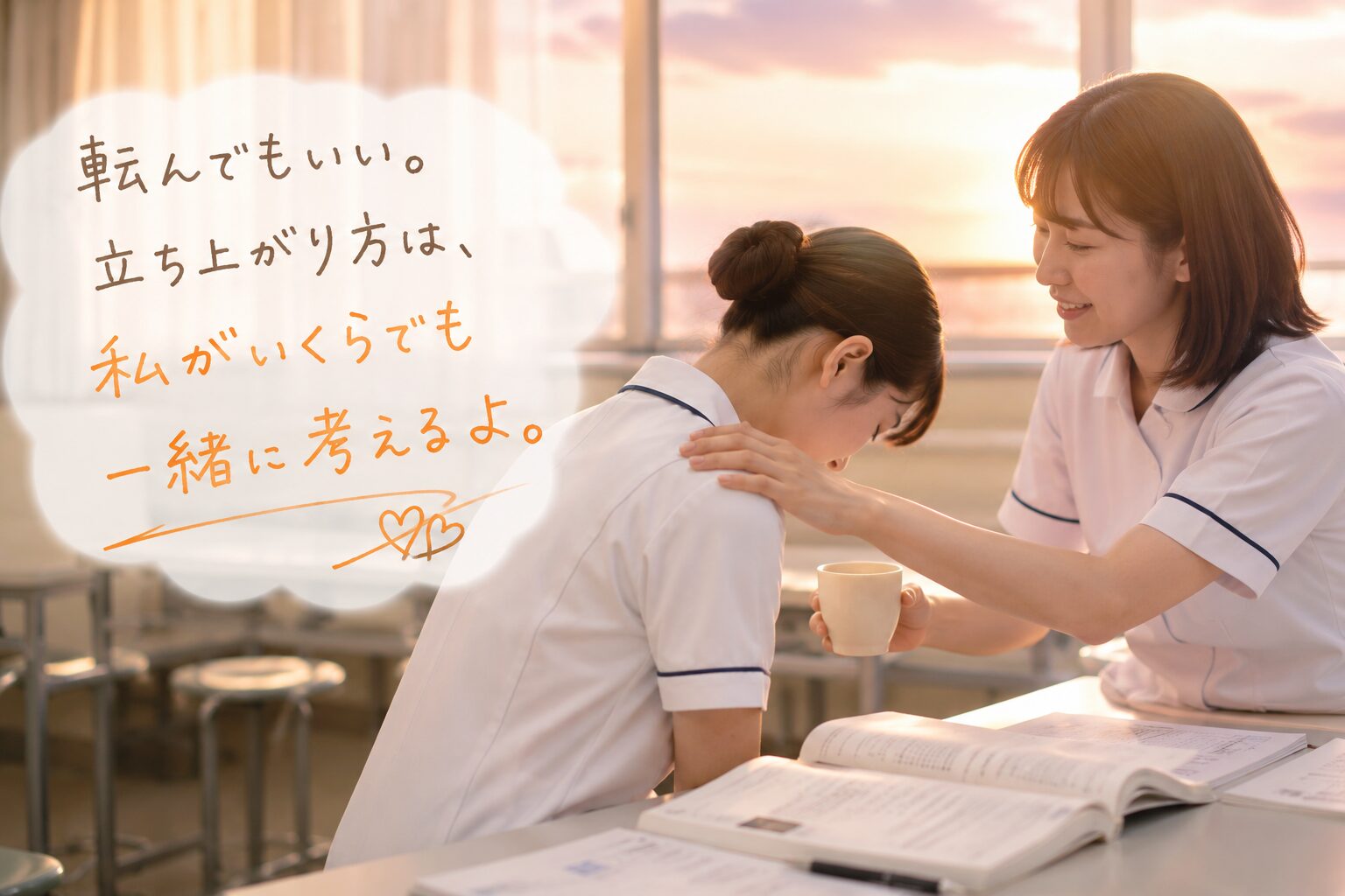 放課後の実習室で泣いている看護学生に優しく寄り添い声をかける看護教員のリアルな風景