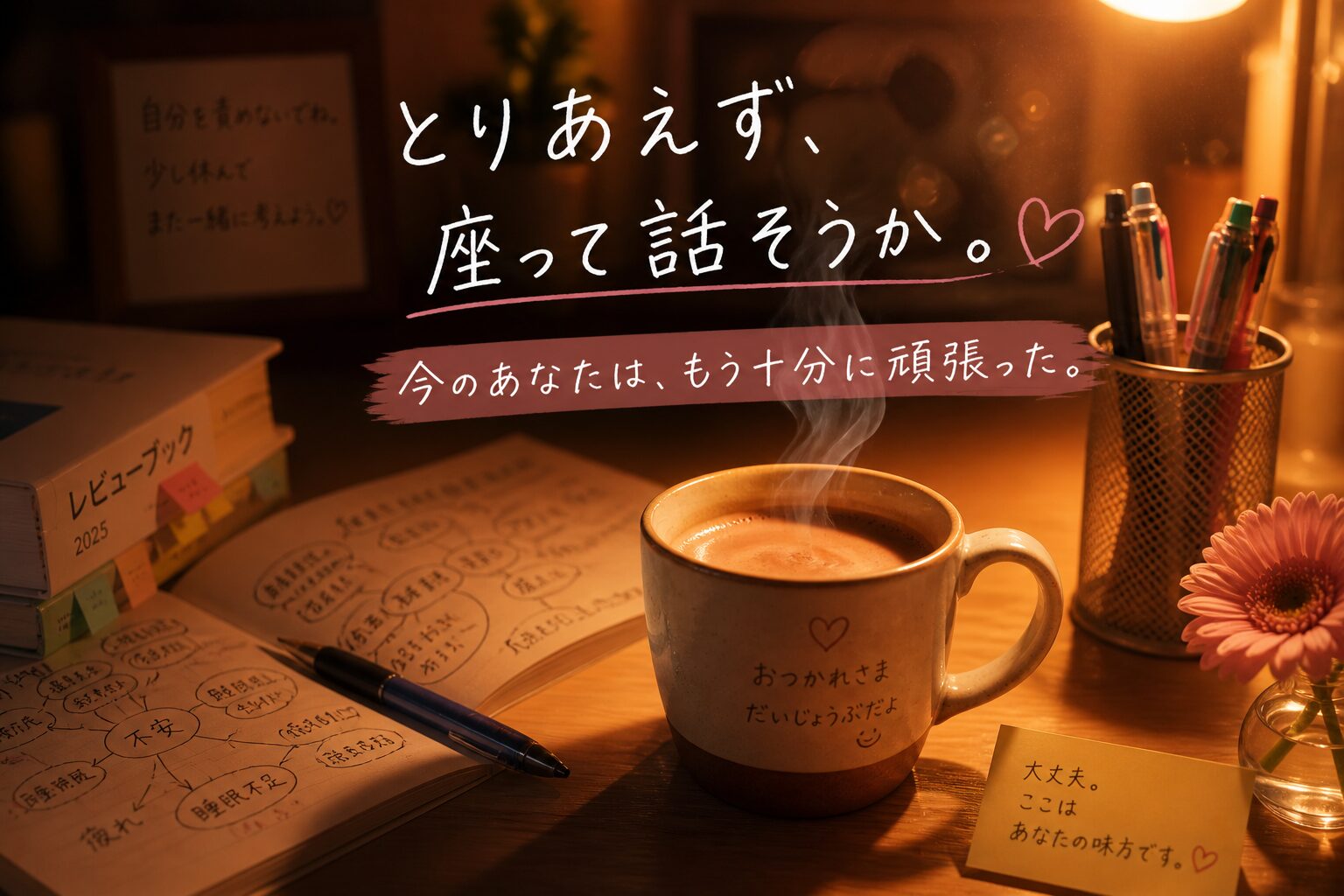 実習がつらく眠れない看護学生に寄り添うアイキャッチ画像。教員室の温かい雰囲気とメッセージで安心して休めるイメージ