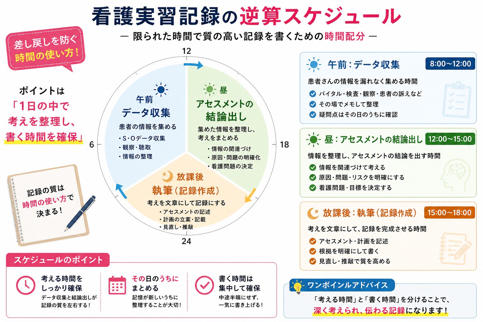 看護学生の実習記録時短スケジュール図：午前中のデータ収集から昼休みのアセスメント方針決定までの流れ