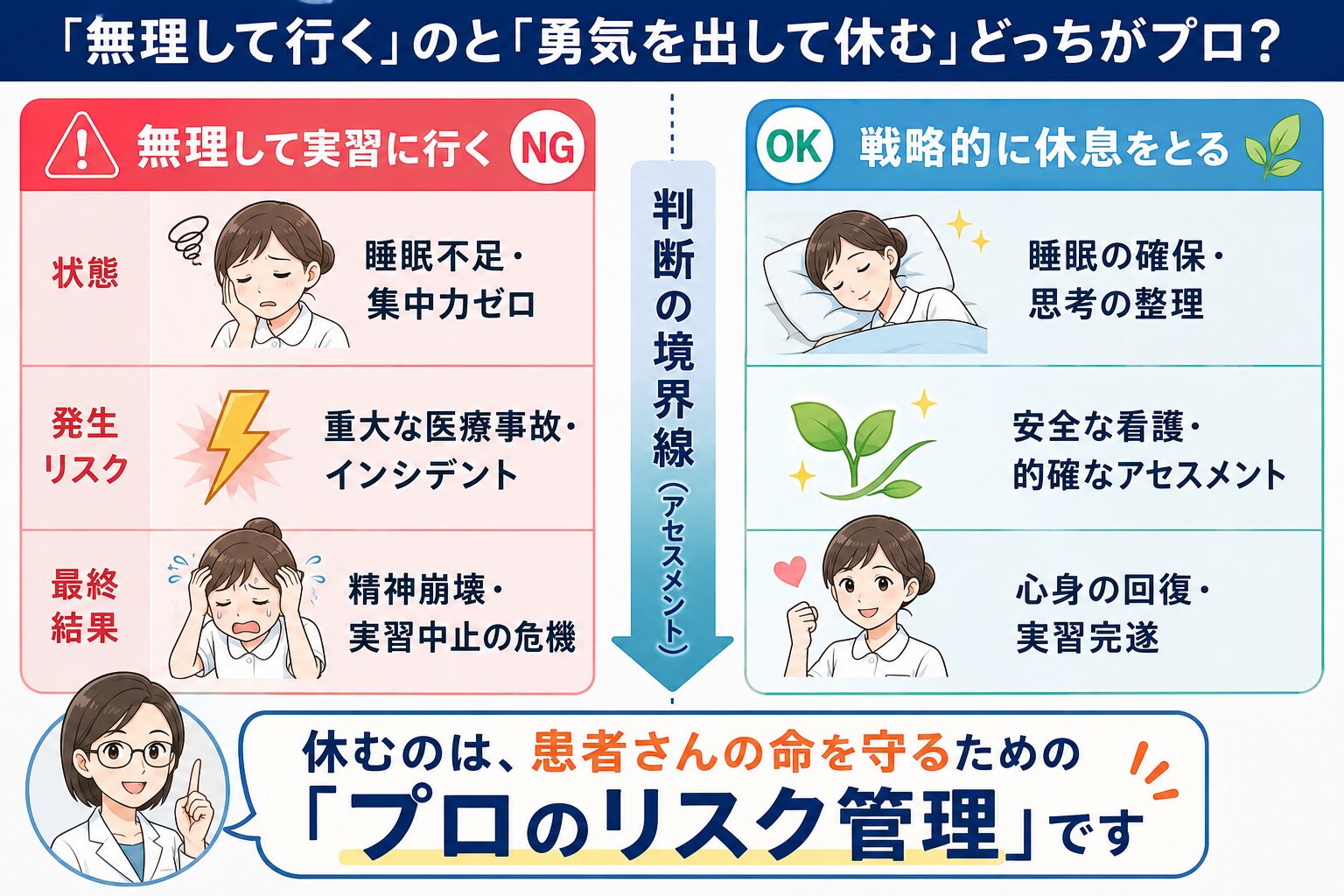 「看護実習で無理して行く危険性と、戦略的に休息をとる重要性を比較した看護学生向け図解画像」