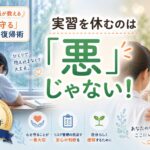 「看護実習を休むことに悩む学生に、教員と師長が心を守る休み方と復帰方法を伝えるアイキャッチ画像」