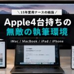 iMac、MacBook、iPad、iPhoneの4台のApple製品がデスクに美しく並んだ写真に「Apple4台持ちの結論！無敵のブログ執筆環境 iMac / MacBook / iPad / iPhone フル連携術」という文字が入った10本目の記事のアイキャッチ画像