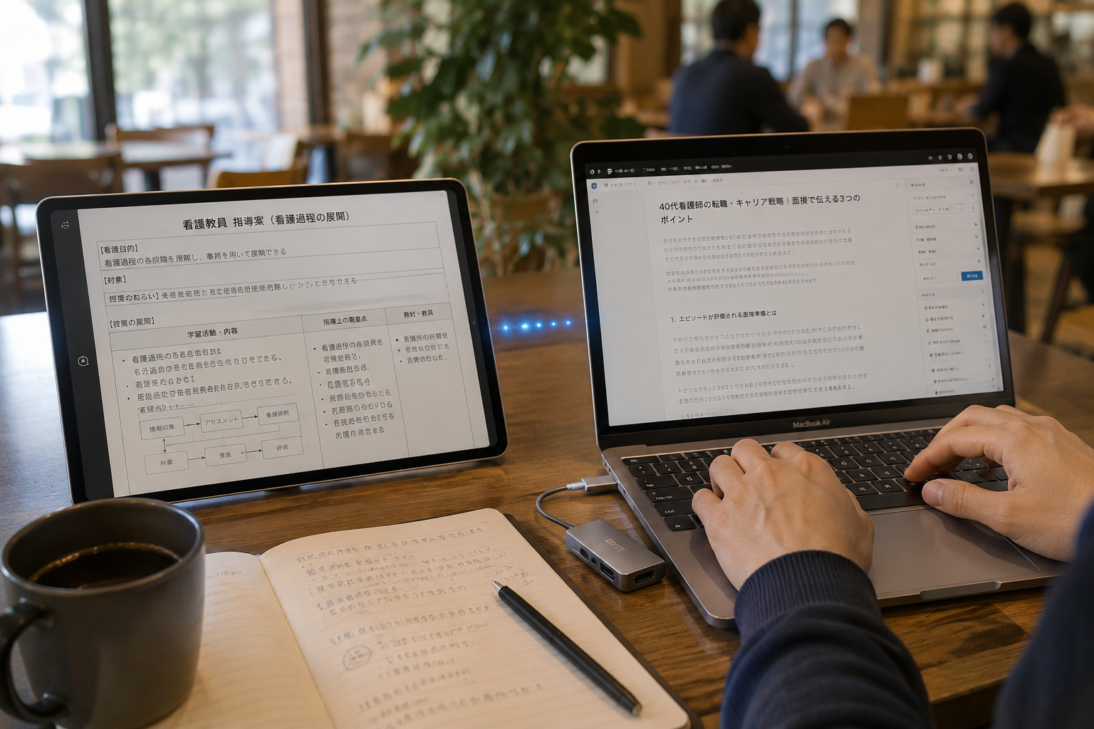 カフェでMacBook AirとiPad AirをSidecarで連携し、指導案を確認しながらブログを執筆する作業環境