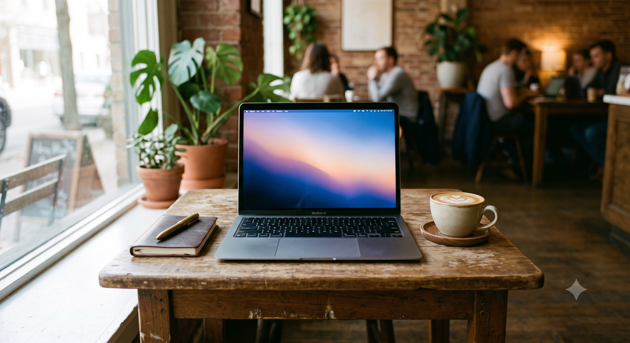 居心地の良いカフェの窓際の木製テーブルの上に置かれた開いたMacBook。画面には青と紫のグラデーション壁紙。PCの横にレザージャーナル、真鍮製のペン、ラテアート付きのコーヒーカップ。背景には観葉植物、ぼかした他の客、レンガの壁が見える。