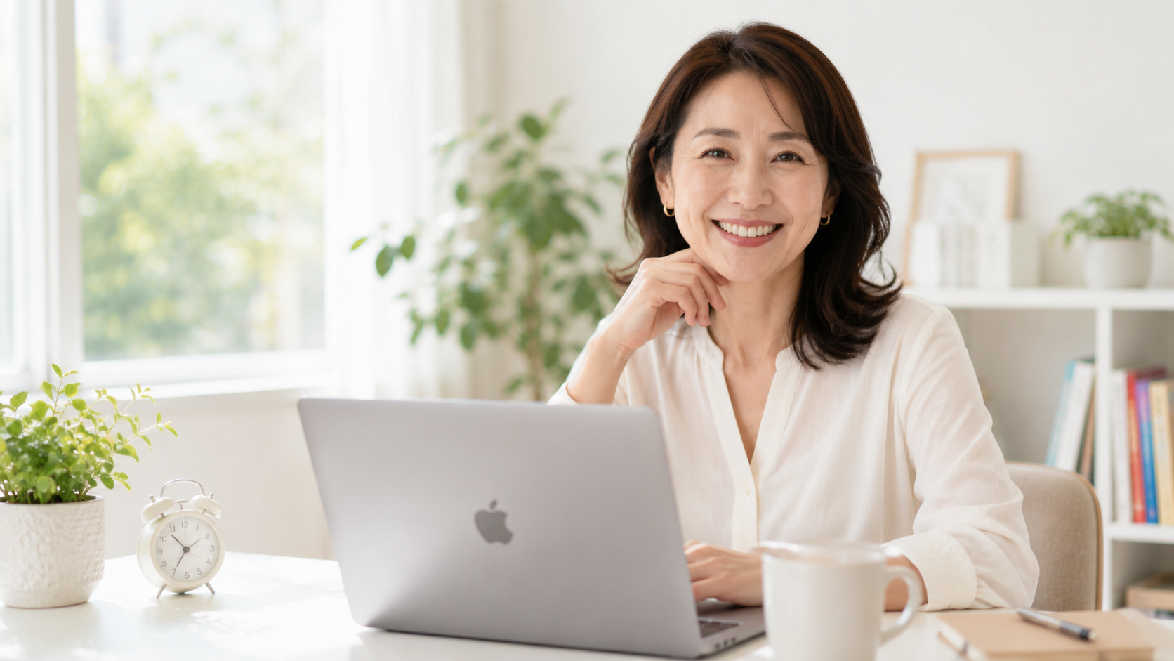 朝の自宅でMacBookを使ってブログ副業に取り組み、時間とお金にゆとりのある働き方を楽しむ40代女性看護師