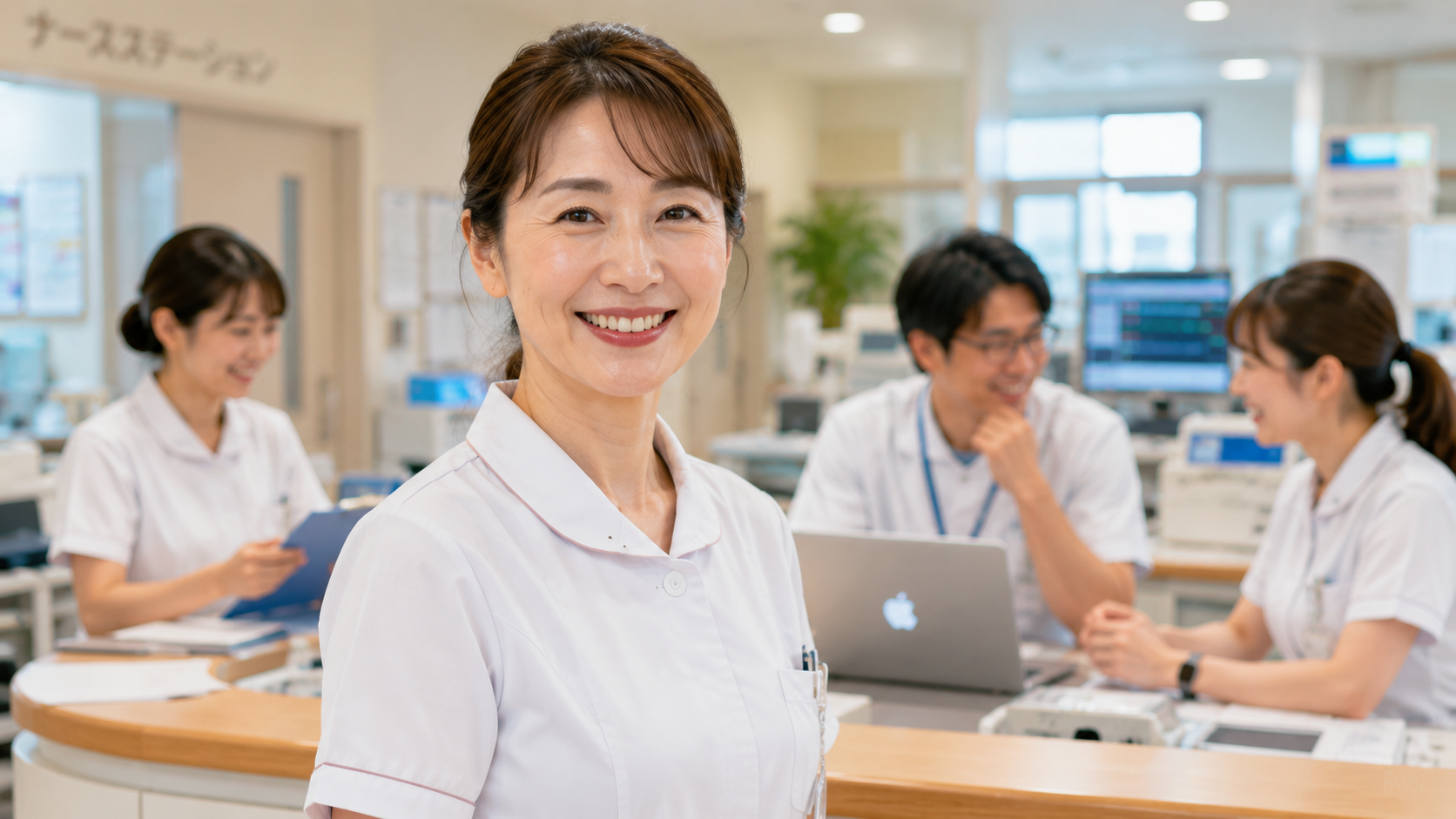 新しい職場のナースステーションで同僚に囲まれ、自信を取り戻して笑顔で働く40代女性看護師