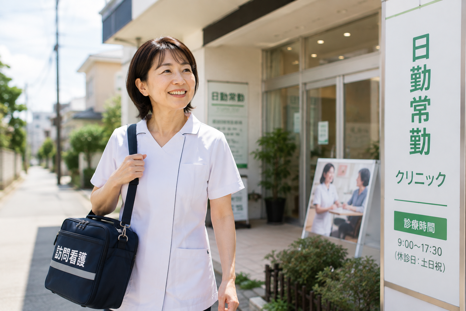 夜勤のない日勤常勤の働き方を選び、訪問看護バッグを持って笑顔で働く40代女性看護師