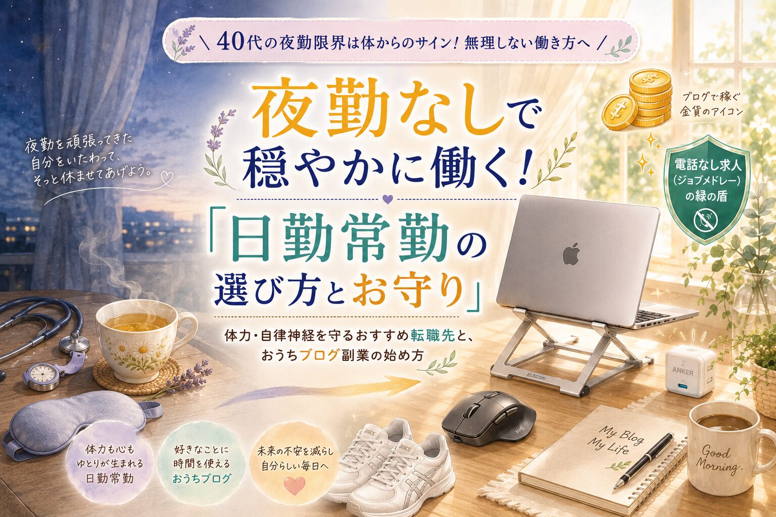 40代看護師の夜勤の体力的な限界や疲れを優しく癒す日勤常勤への働き方見直しと疲れにくいナースシューズやPCスタンドなどの快適グッズとブログ副業を解説するアイキャッチ画像