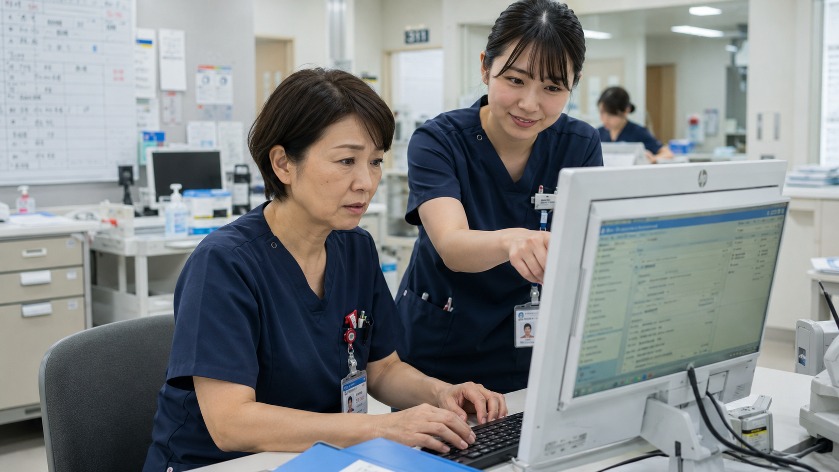 電子カルテの操作に戸惑う40代女性看護師に、若いプリセプター看護師が優しく操作方法を教える様子