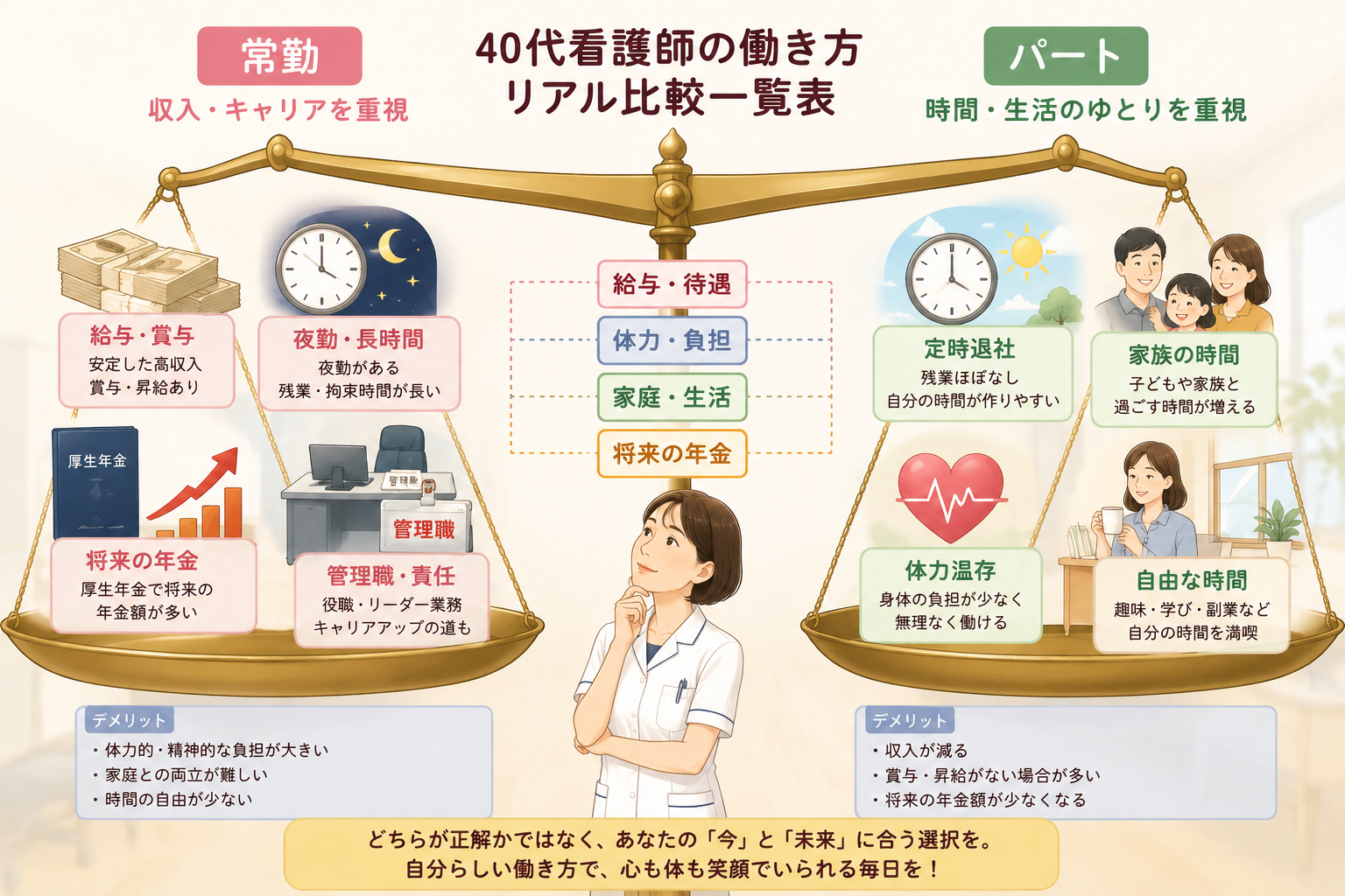 40代看護師の常勤とパートを給与・体力・家庭・将来の年金で比較した働き方一覧図
