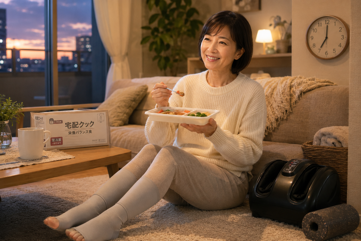 宅配食と脚のむくみケアグッズを活用し、家事の時間を減らして自宅でゆっくり身体を休める40代女性看護師