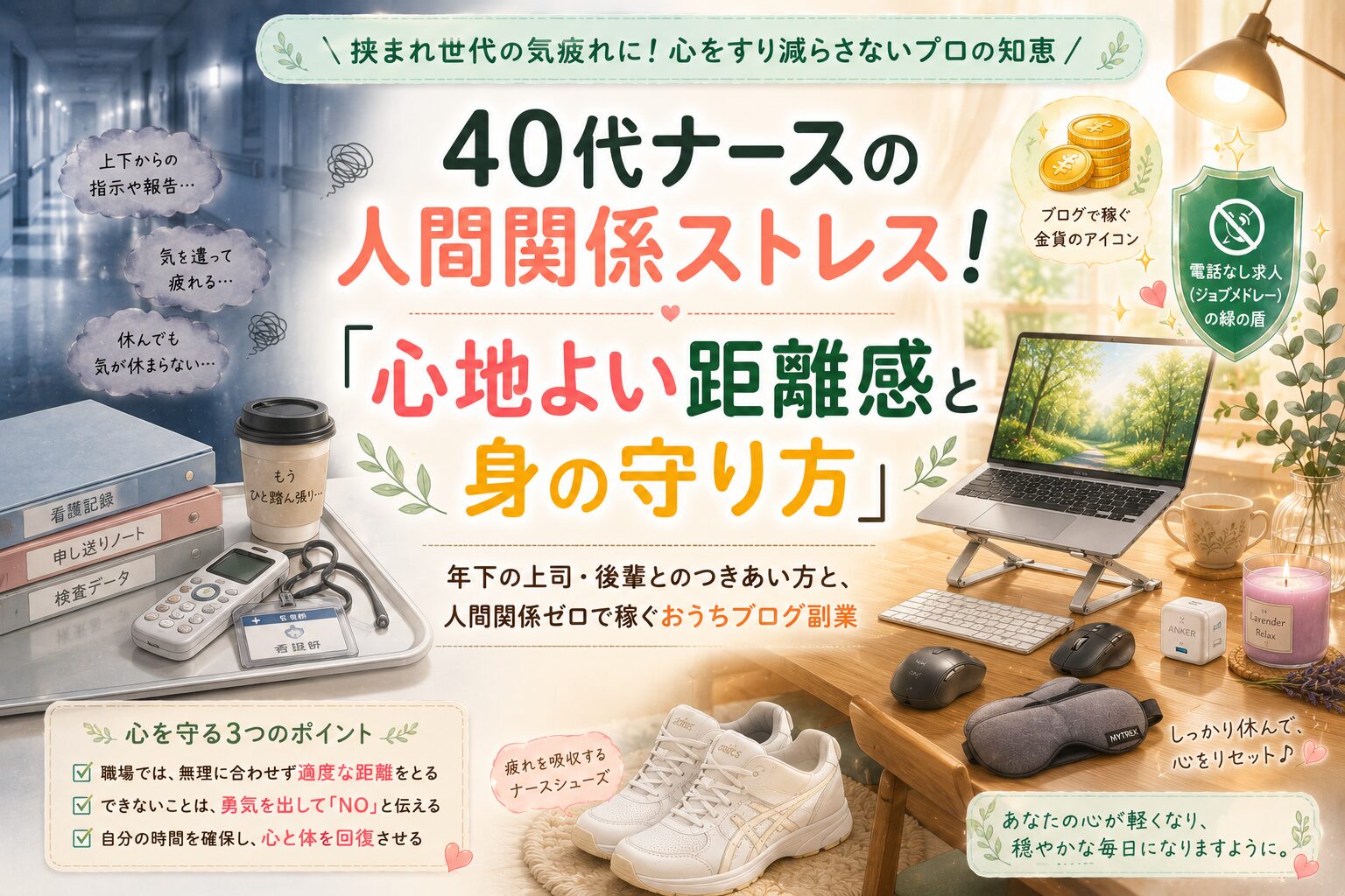 40代看護師が職場の年下上司や後輩との人間関係ストレスから心を守る心地よい距離感の保ち方と疲れを癒すアイマスクやPCスタンドなどの快適グッズとおうちで稼ぐブログ副業を解説したアイキャッチ画像