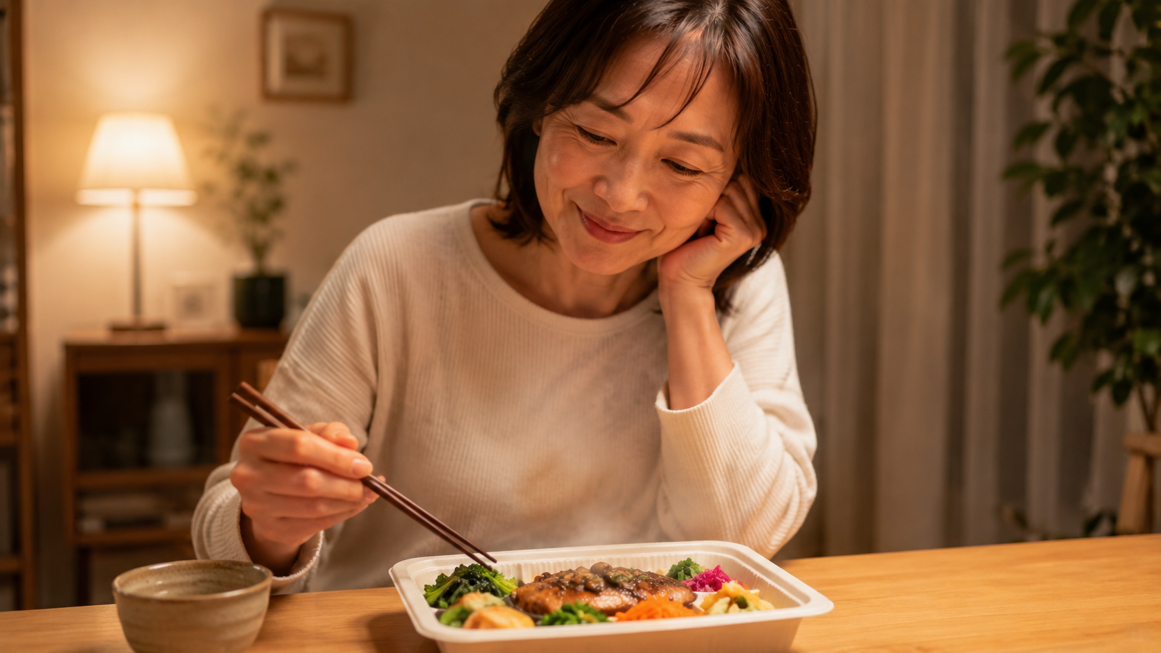 三ツ星ファームの宅配食を自宅で楽しみ、食事作りの負担から解放されて笑顔になる40代女性看護師