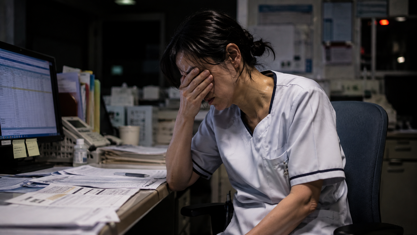夜勤明けのナースステーションで目元を押さえ、更年期のほてりや強い疲労を感じる40代女性看護師