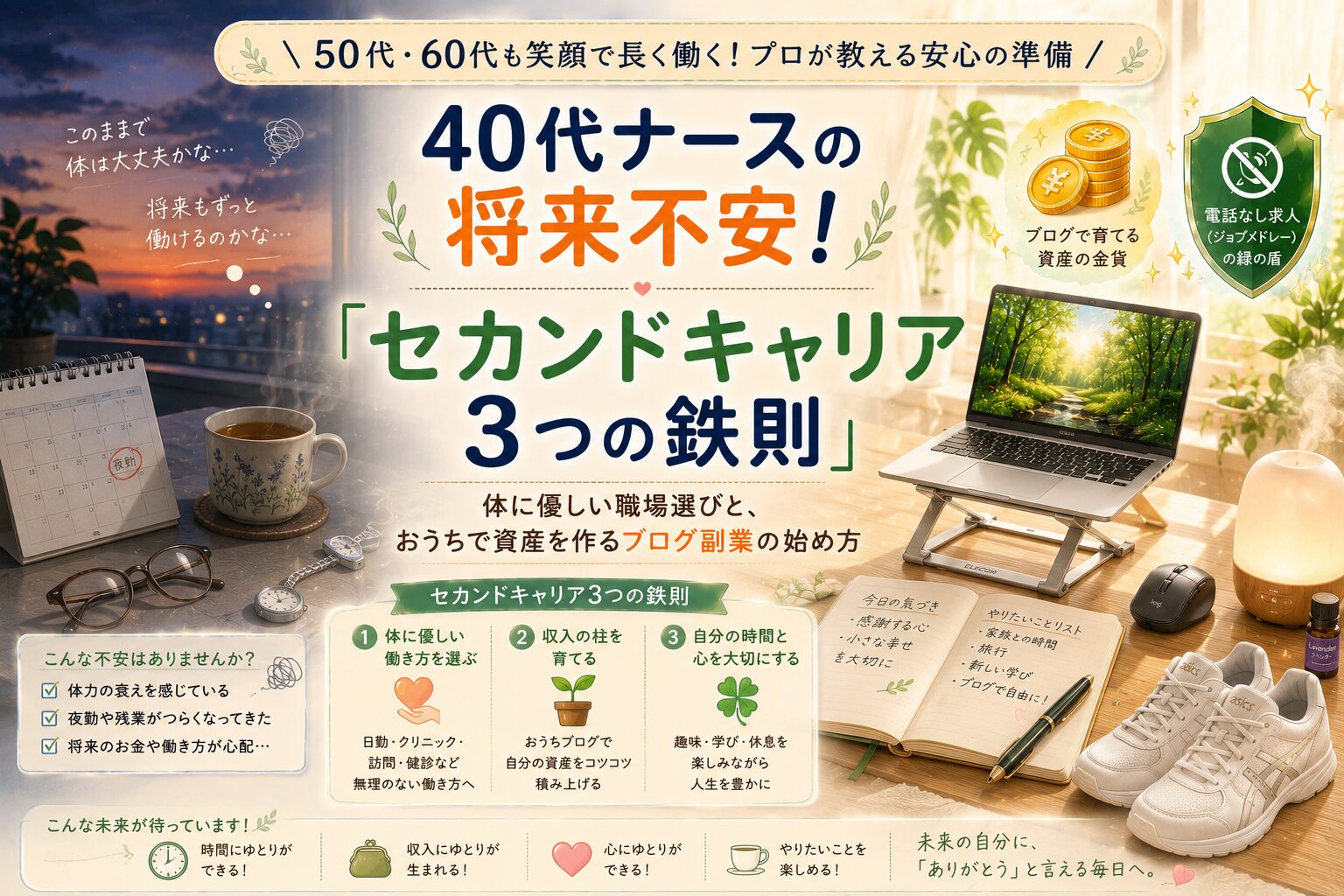 40代看護師が50代60代の将来不安を解消するために元看護師長が教えるセカンドキャリアの鉄則と疲れにくいナースシューズやPCスタンドなどの快適グッズとおうちで稼ぐブログ副業を解説したアイキャッチ画像