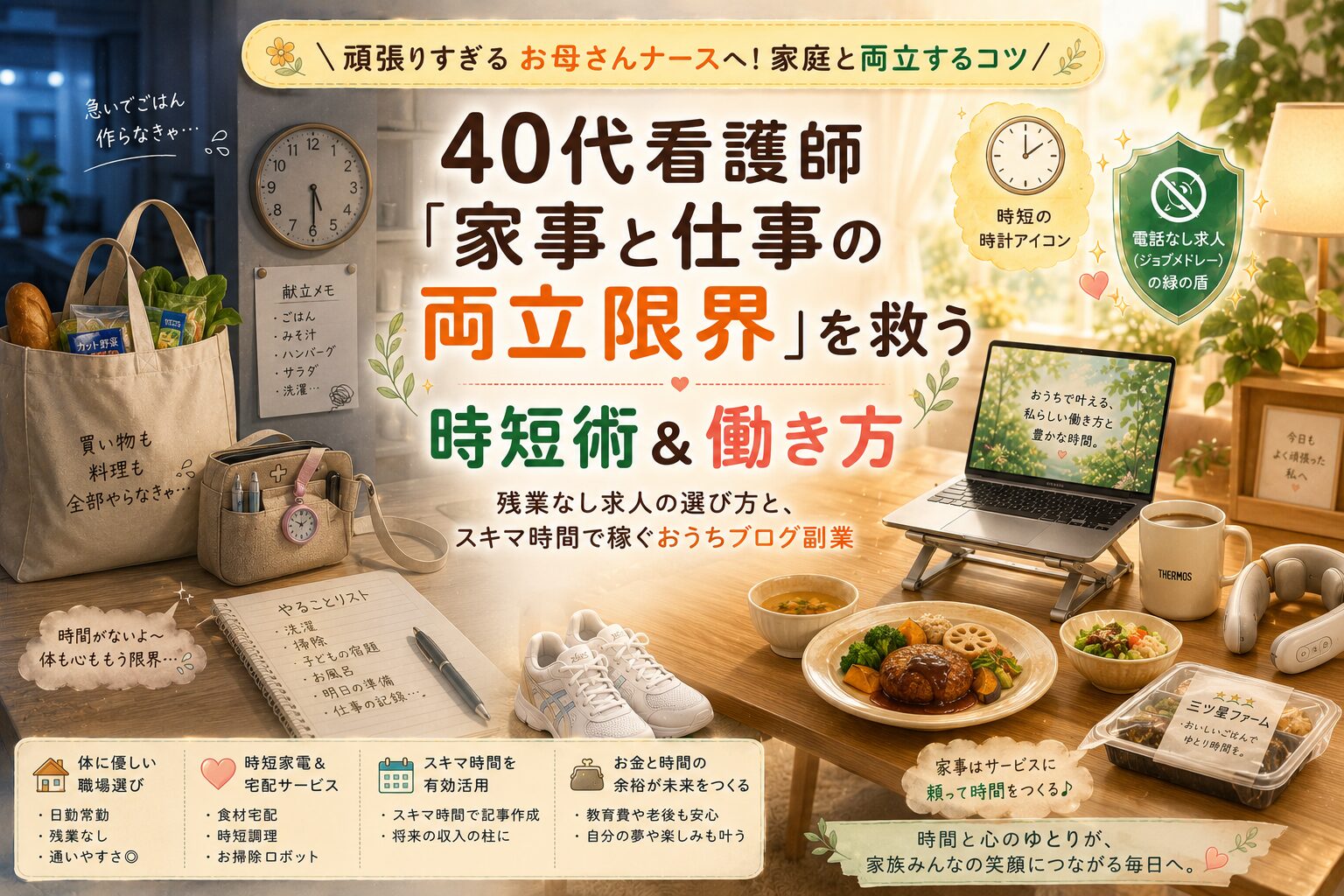40代看護師が仕事と家事の両立限界を乗り越えるために元看護師長が教える家事時短術と三ツ星ファームなどの便利サービス残業なし日勤求人の選び方とおうちブログ副業を解説したアイキャッチ画像