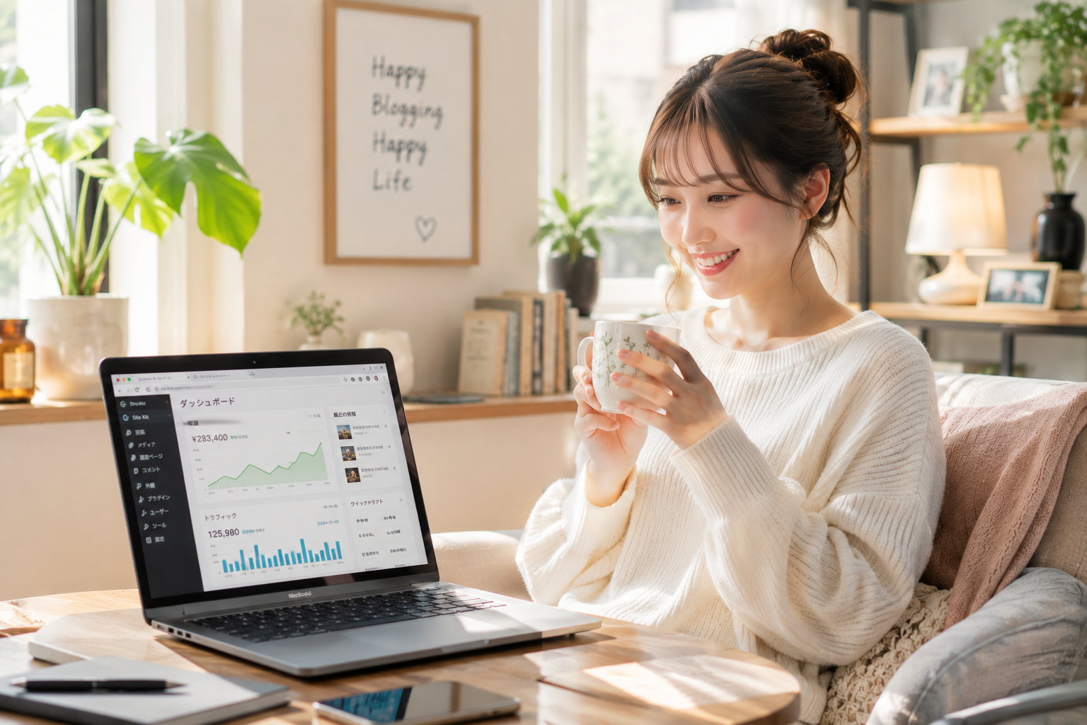 快適なホームオフィスでブログ運営の成果を確認しながら、時間と場所に縛られない働き方を楽しむ女性
