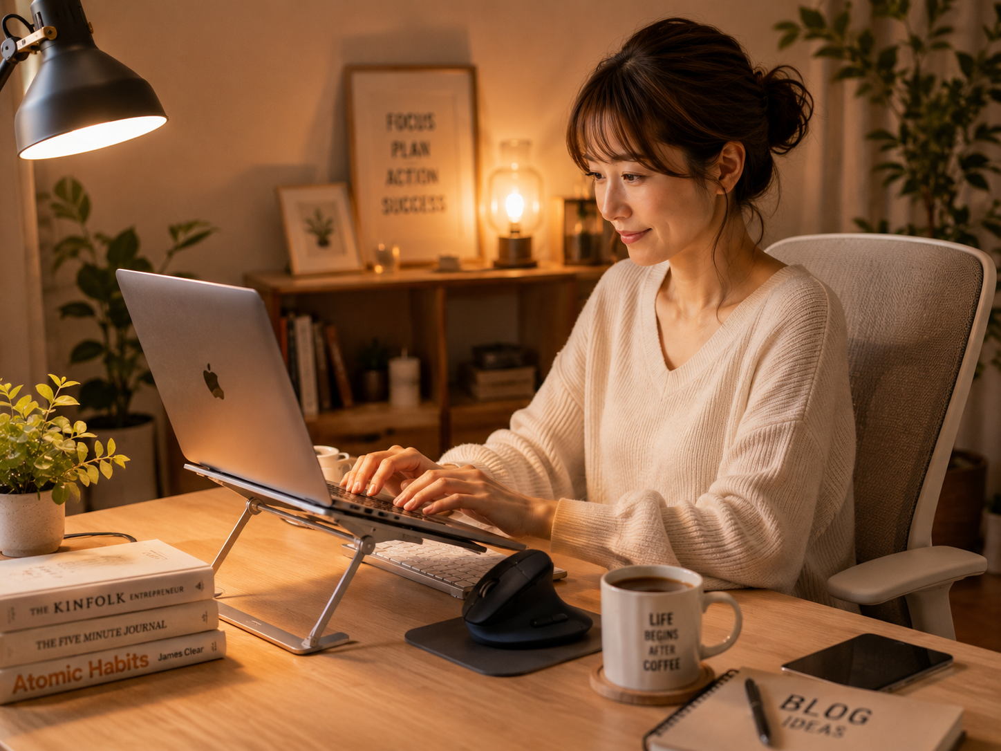 快適なデスク環境でノートPCスタンドと高性能マウスを使い、自宅でブログ執筆に集中する女性