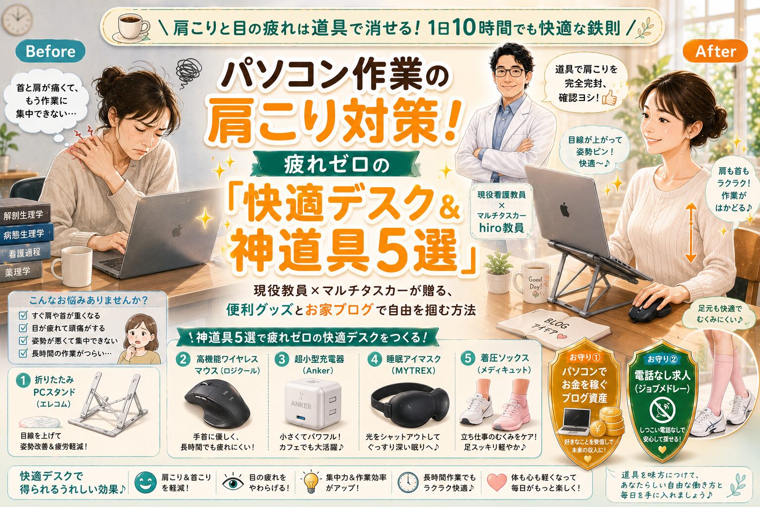 パソコン作業の首や肩こりの痛みに悩む社会人や看護師の悩みを解消するために現役教員が教える疲れない快適デスク環境と折りたたみPCスタンドや高機能マウスなどの買ってよかった便利グッズ5選としつこい電話のないジョブメドレーやブログ副業によるお守りをわかりやすく解説したアイキャッチ画像