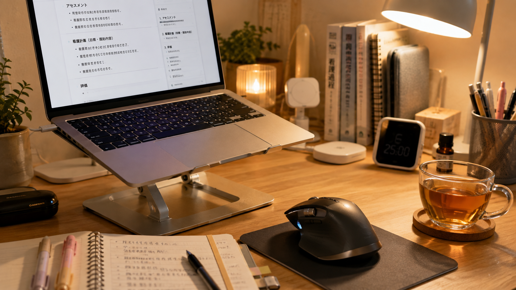 ノートPCスタンドや高機能ワイヤレスマウス、ハーブティーを備えた、人間工学に基づく快適な学習・レポート作業環境