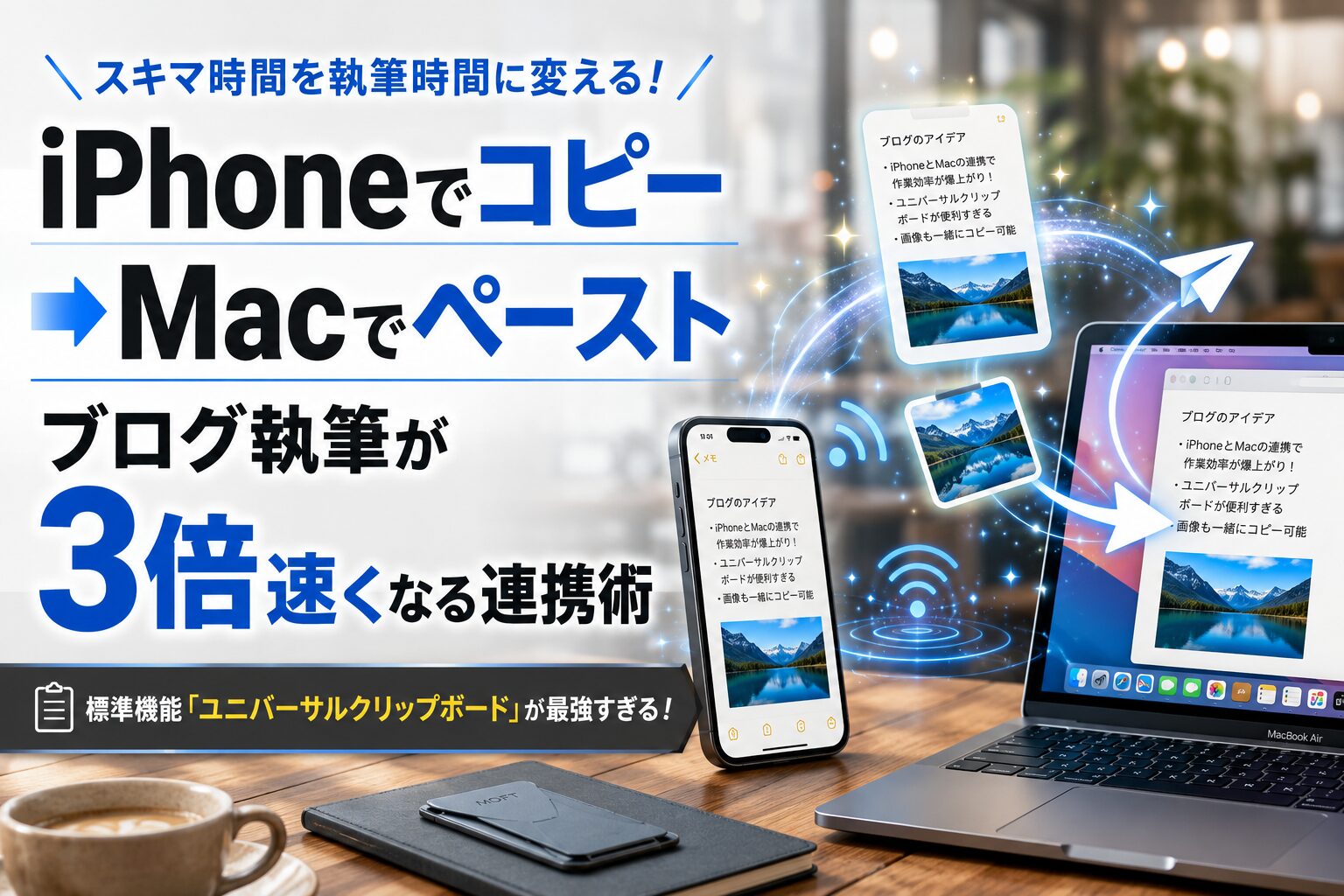 iPhoneでコピーした文章や画像をMacへ一瞬でペーストできるユニバーサルクリップボード機能の活用法を解説するアイキャッチ画像