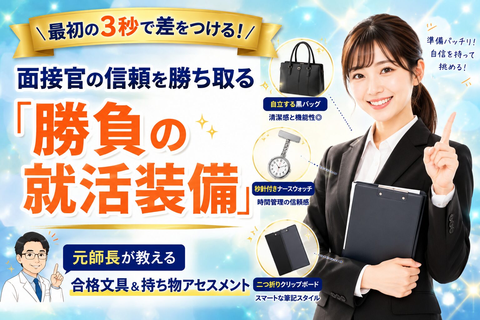 看護師・看護学生の面接対策に向けて、元看護師長のhiro教員が面接官の信頼を勝ち取るためのバッグや文具などの勝負の就活装備を解説した記事のアイキャッチ画像