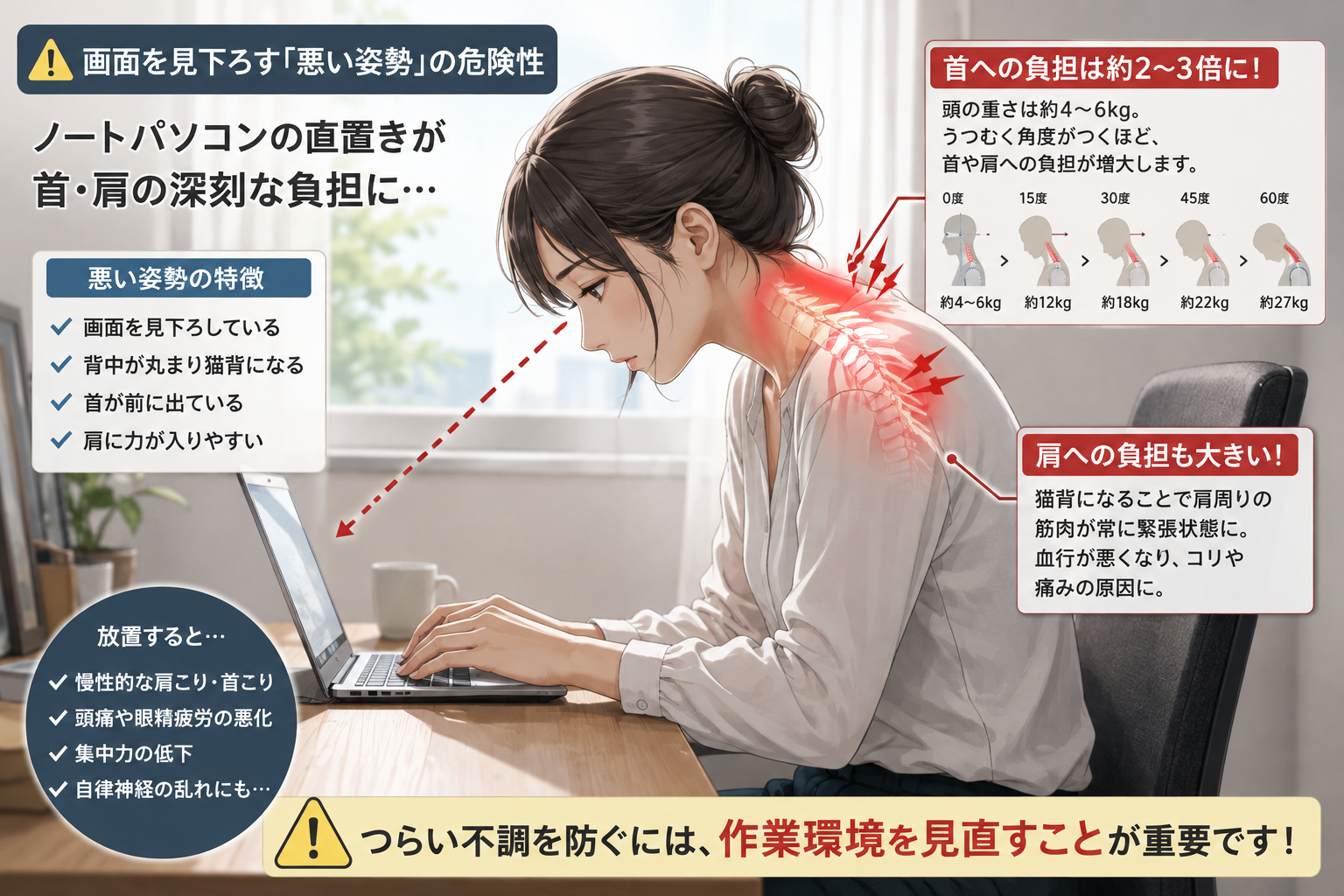 ノートパソコンを机に直置きして猫背で作業し、首と肩に大きな負担がかかっている女性の様子