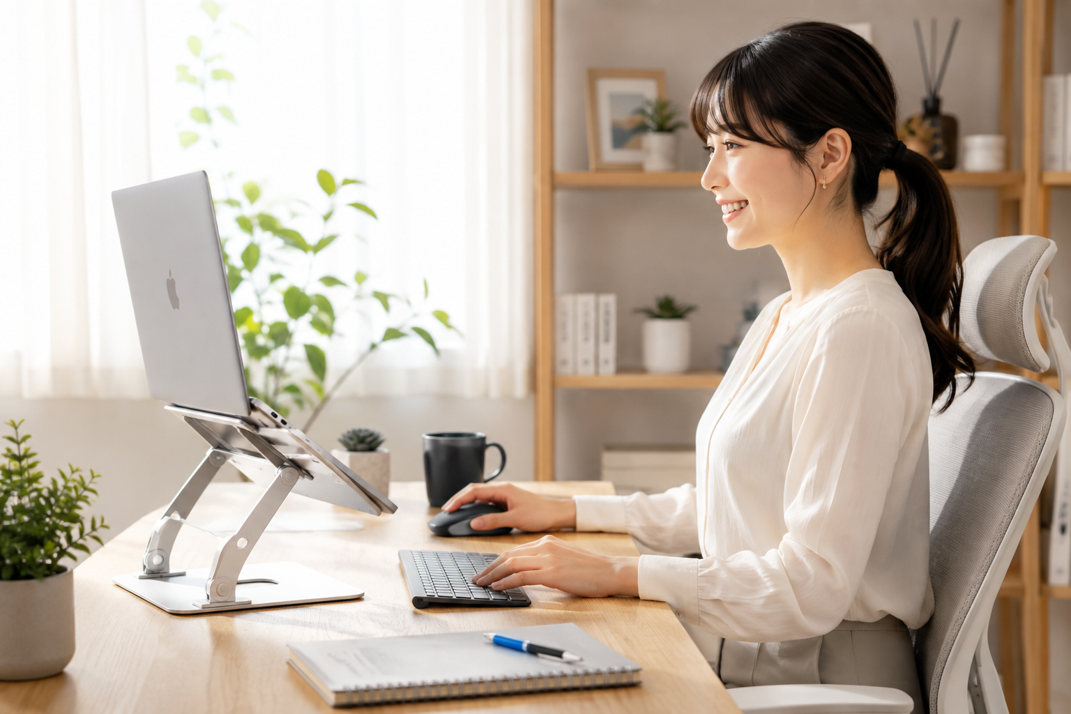 ノートPCスタンドと高性能ワイヤレスマウスを使い、正しい姿勢で快適にパソコン作業をする女性